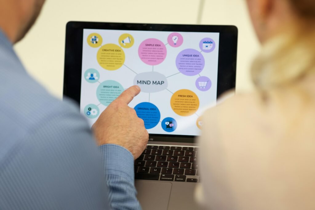 Mehrere Personen analysieren gemeinsam eine Mindmap auf dem Bildschirm eines Laptops während einer Besprechung.
