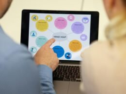 Mehrere Personen analysieren ein Mindmap auf einem Laptop, Zusammenarbeit in einem modernen Arbeitsumfeld.