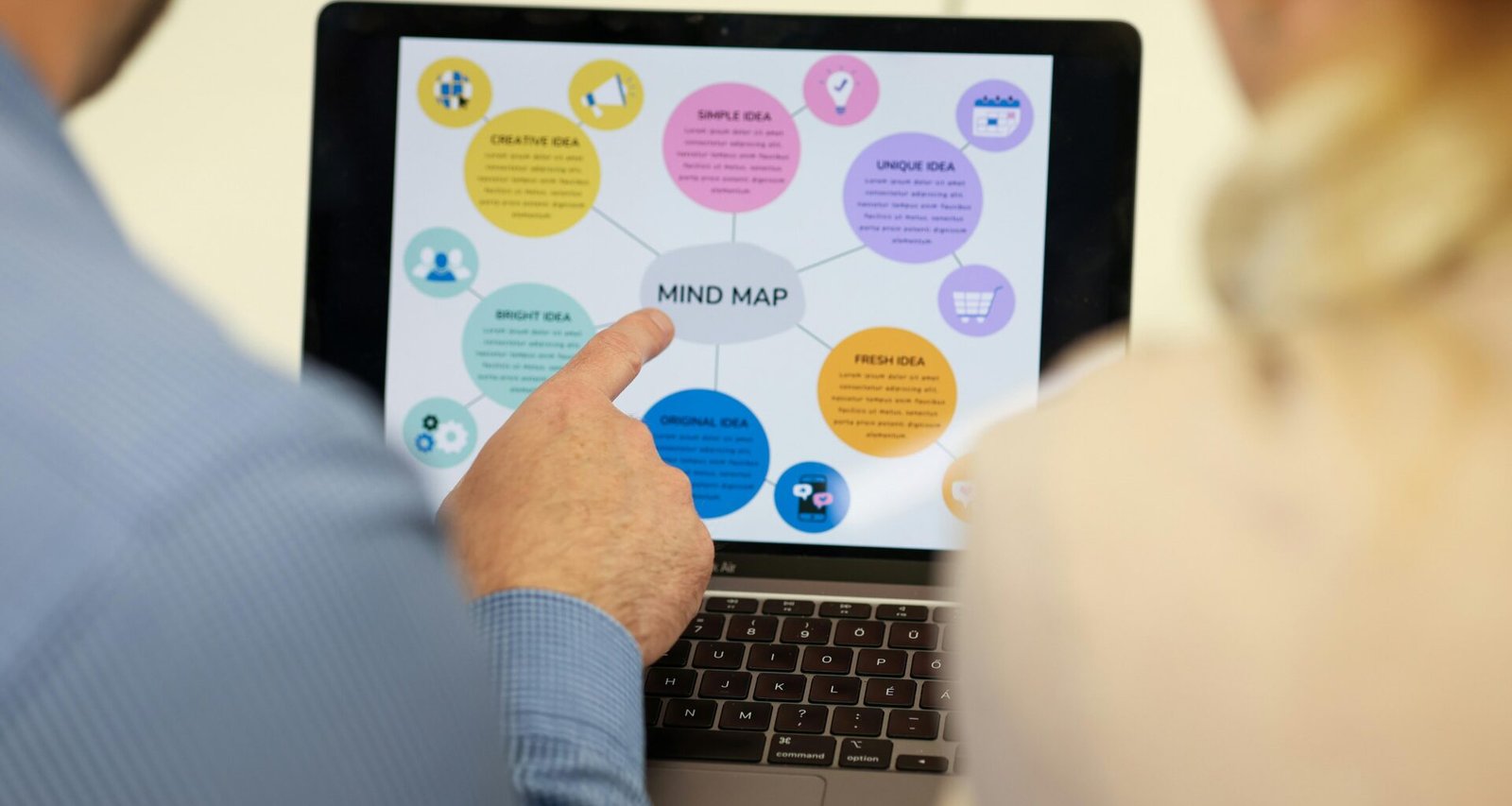 Mehrere Menschen evaluieren eine Mindmap auf einem Laptop, um digitale Strategien im Arbeitsumfeld zu besprechen.