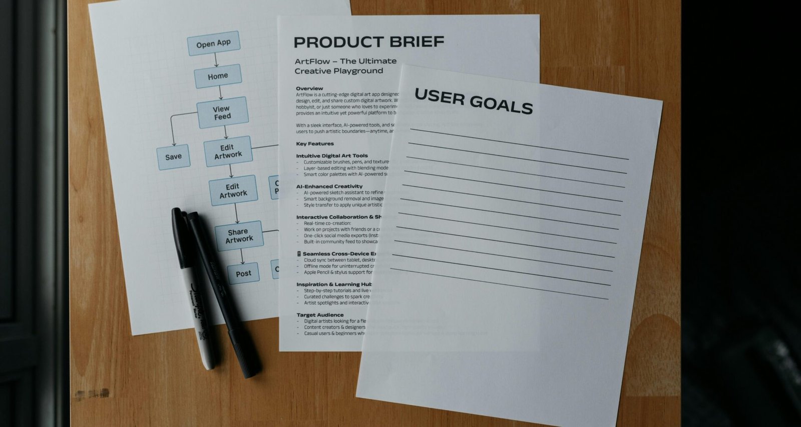 Dokumente und ein Stift liegen auf einer schlichten Holzoberfläche als Zeichen für Büroarbeit und Organisation.