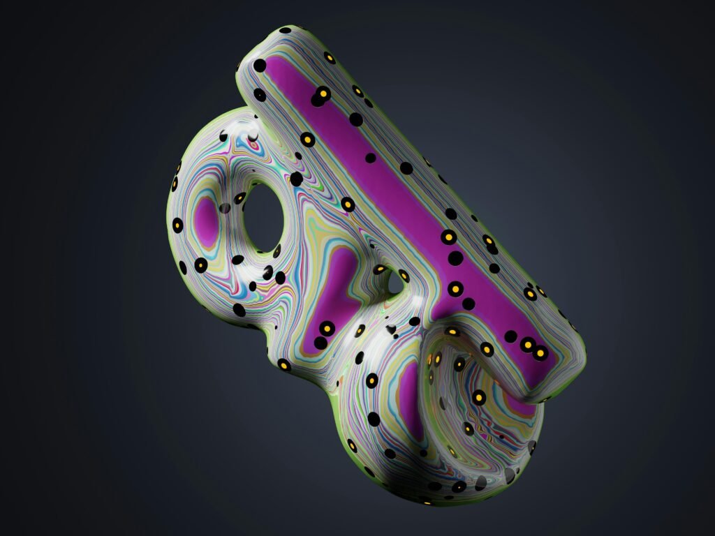 3D-Bild eines modernen, violett-schwarzen Objekts mit klaren Formen und technischem Look