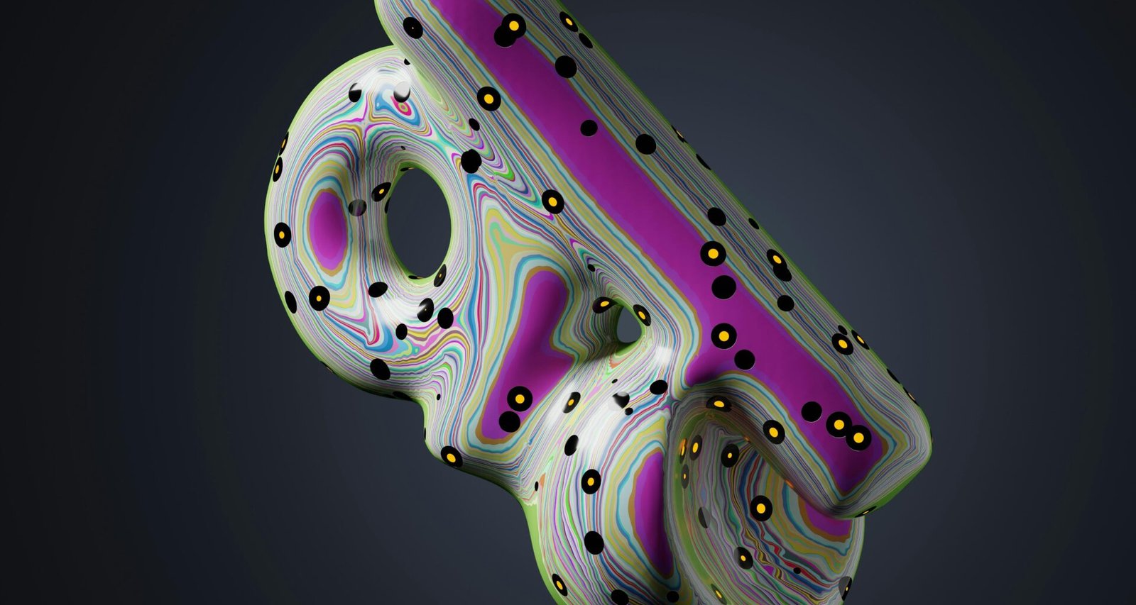 3D-Bild eines purpurfarbenen und schwarzen Objekts auf neutralem Hintergrund, geeignet für Technologieartikel