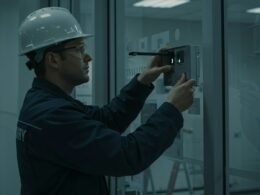 Ein Bauarbeiter kontrolliert den Einbau einer Tür auf einer Baustelle und achtet auf die fachgerechte Umsetzung.