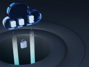 Blau-weißes Logo mit klaren Linien und modernem Design, ideal als grafisches Element für technologische Inhalte