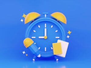 Blauer Wecker mit gelbem Zifferblatt auf hellem Hintergrund – ein Symbol für Zeitmanagement und Pünktlichkeit.