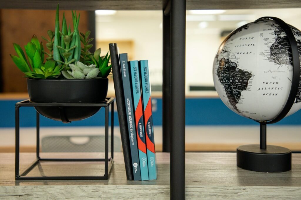 Bücherregal mit Globus und Büchern, ideal für Lern- und Arbeitsumgebungen als Symbol für Wissen und Weltoffenheit