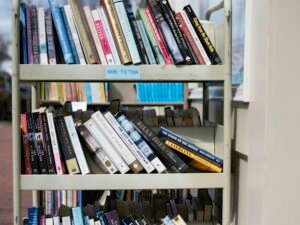 Ein großes Bücherregal mit vielen unterschiedlich gefüllten Regalbrettern, fotografiert in Innenraum.