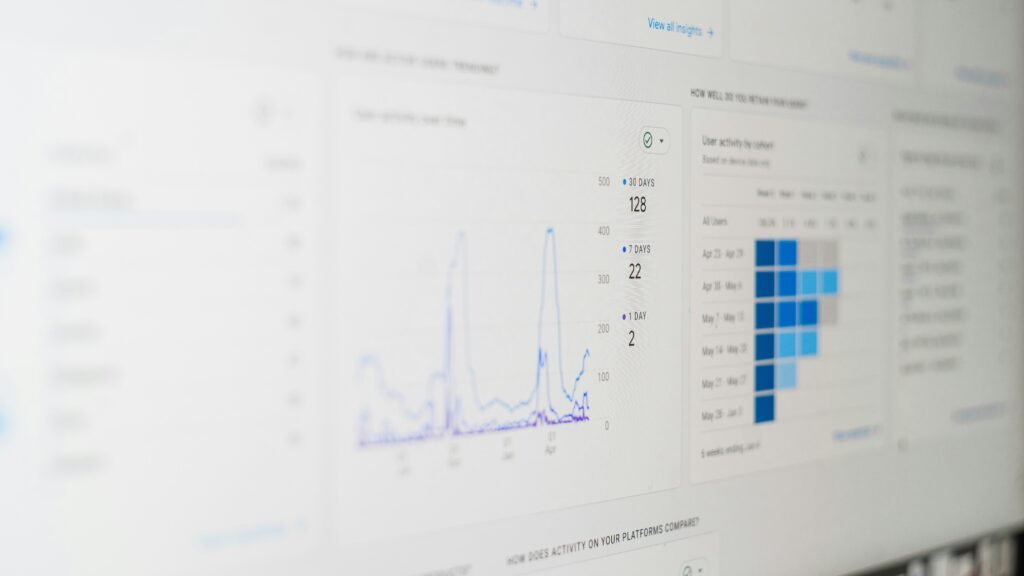Computerbildschirm mit zahlreichen Daten, Diagrammen und Zahlen, die für Analyse und Auswertung genutzt werden