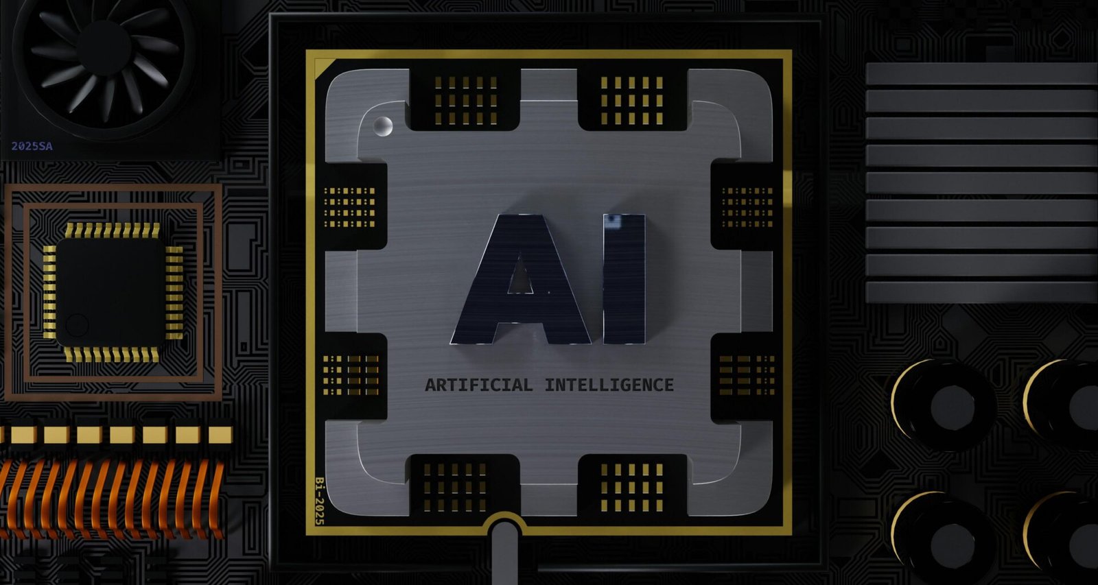 Ein Computerchip mit der Aufschrift AI auf der Oberfläche als Symbol für moderne künstliche Intelligenz