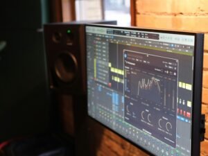 Computer-Monitor auf Schreibtisch direkt neben einer Ziegelmauer, moderner Arbeitsplatz in urbanem Umfeld