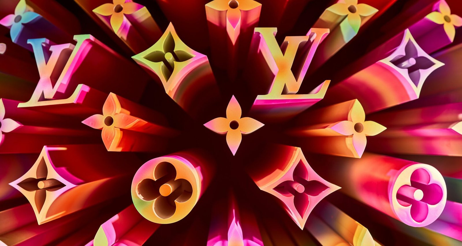 Buntes Louis Vuitton Logo auf farbigem Hintergrund, fotografiert für einen Artikel über Markenidentität und Design