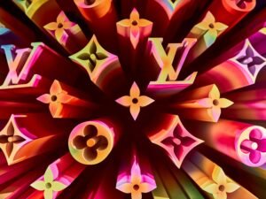 Buntes Louis Vuitton Logo auf farbigem Hintergrund, fotografiert für einen Artikel über Markenidentität und Design