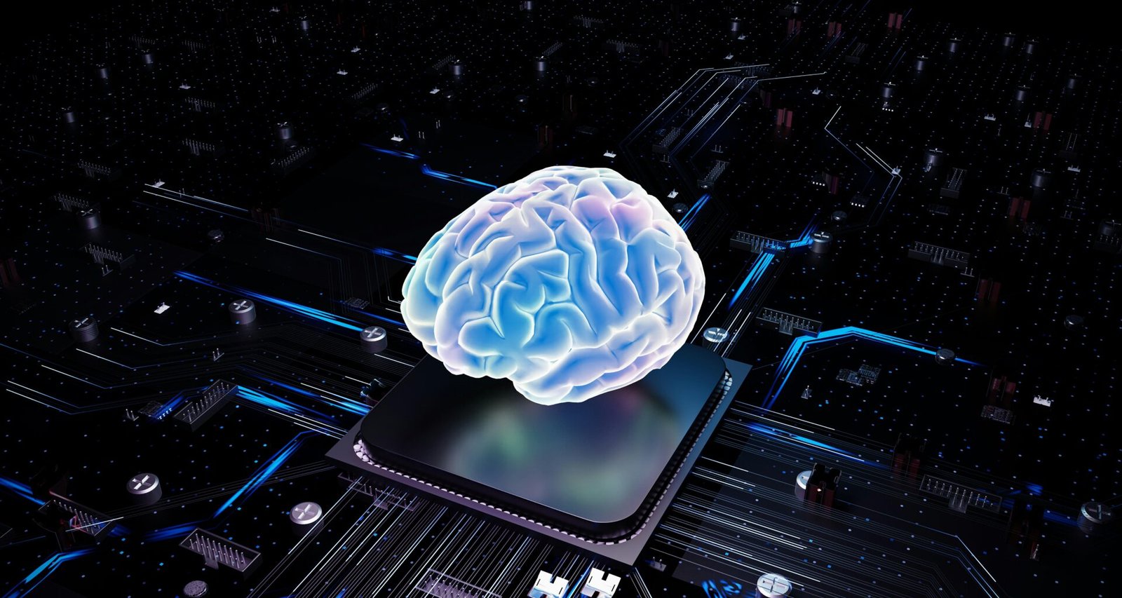 Ein grafisches Gehirn liegt über einem Computerprozessor und symbolisiert künstliche Intelligenz mithilfe von Technologie