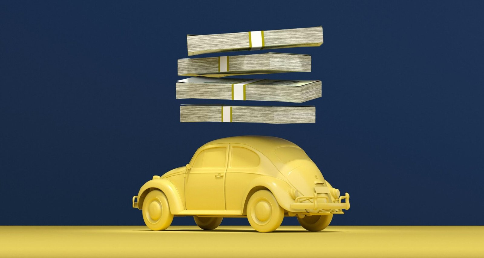 Gelbes Auto mit aufgestapelten Geldbündeln auf dem Dach – Illustration für finanzielle Themen oder Investitionen