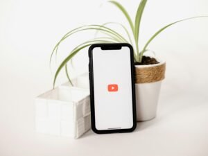 Ein Mobiltelefon liegt direkt neben einer kleinen Zimmerpflanze auf einer hellen Tischoberfläche.