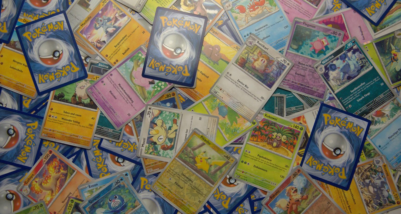 Eine Vielzahl von Pokemon-Karten liegt auf einem Holztisch ausgebreitet – Detailaufnahme für Sammelkarten-Fans.
