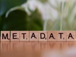 Holzblock mit dem Aufdruck 'metadata' auf einem Tisch als Symbol für Datenorganisation und SEO-Grundlagen.