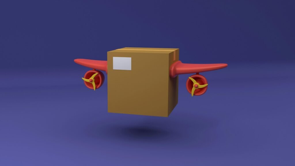 Kartonbox mit rotem Propeller, seitlich angebracht, auf neutralem Hintergrund aufgenommen