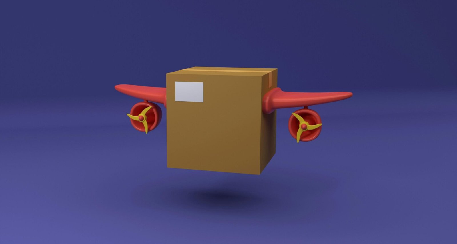 Kartonbox mit rotem Propeller, seitlich angebracht, auf neutralem Hintergrund aufgenommen