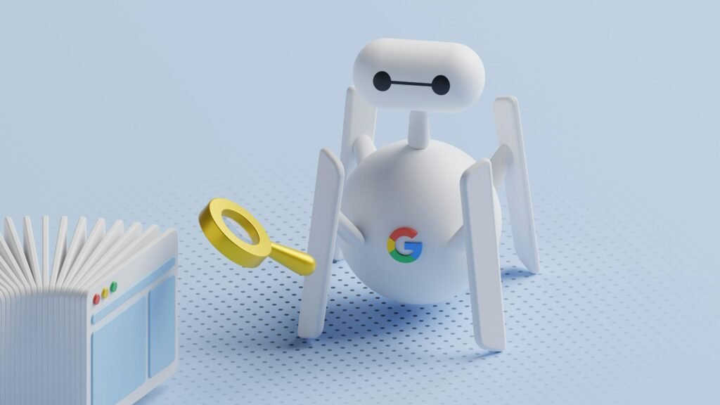 Kleiner Roboter untersucht ein geöffnetes Buch mit einer Lupe auf einem Tisch, Fokus auf Lernen und Technologie