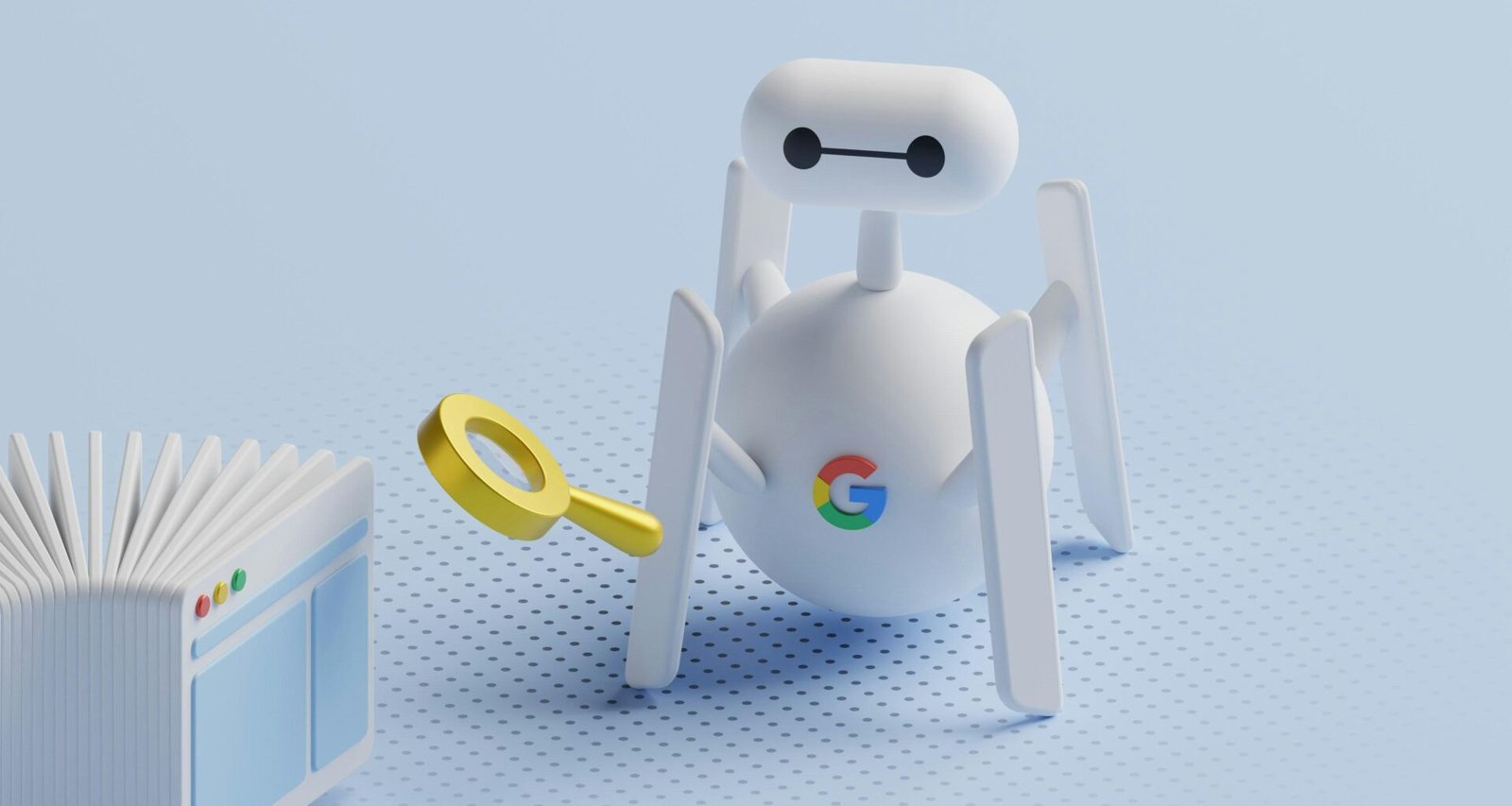 Kleiner Roboter untersucht ein geöffnetes Buch mit einer Lupe auf einem Tisch, Fokus auf Lernen und Technologie