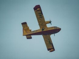 Kleines gelbes Flugzeug fliegt durch einen wolkenlosen, blauen Himmel, aufgenommen aus der Bodenperspektive
