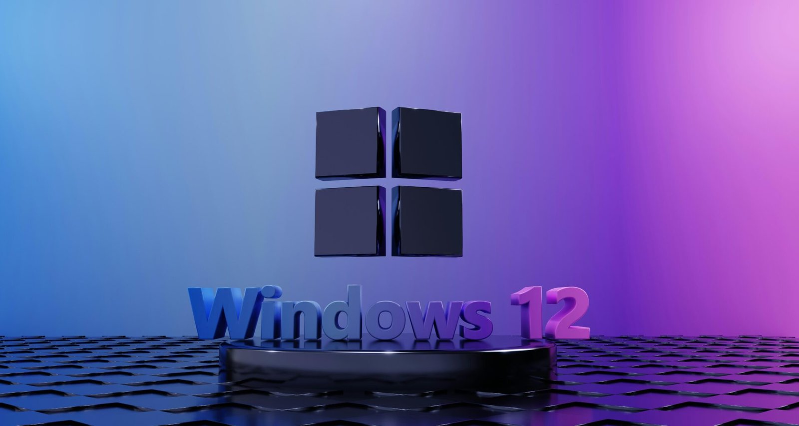 Lila und blauer Raum mit Windows 12 Logo auf der Wand, modernes Innendesign, innovative Technik-Optik