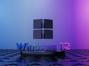 Lila und blauer Raum mit Windows 12 Logo auf der Wand, modernes Innendesign, innovative Technik-Optik