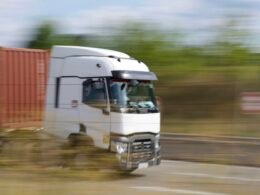 Ein Lkw fährt tagsüber auf einer asphaltierten Landstraße. Im Hintergrund ist eine weite Landschaft zu sehen.