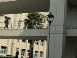 Ein Mann geht über eine Fußgängerbrücke, die über eine belebte Straße in einer zeitgenössischen Stadt führt.