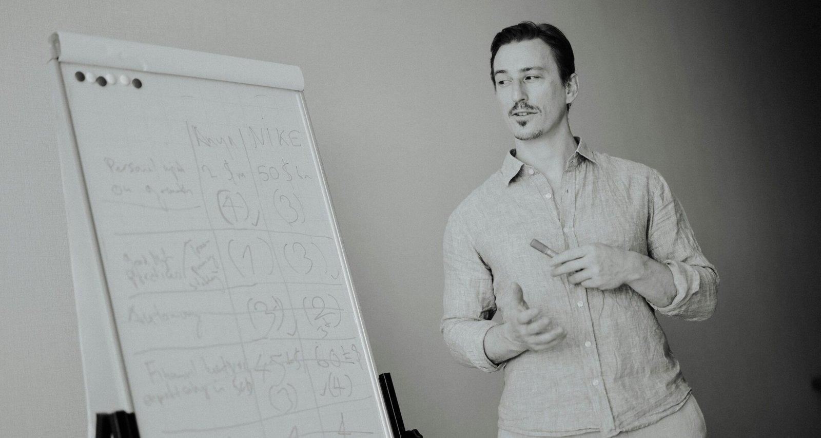 Ein Mann erklärt an einem Whiteboard mit Notizen, geeignet für Themen rund um Strategie, Zusammenarbeit und Planung im Büro.