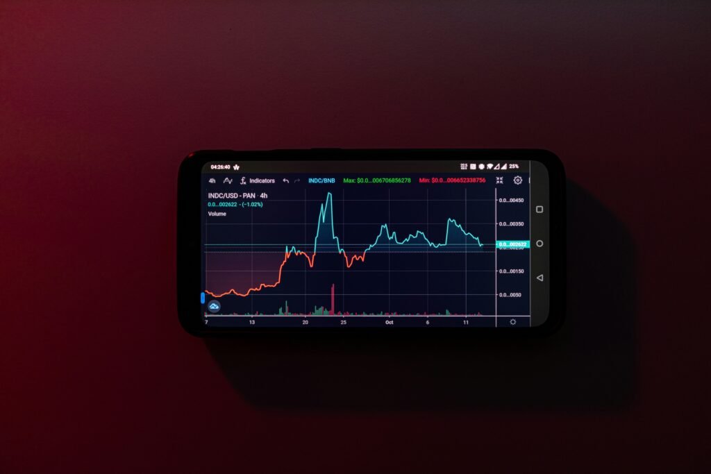 Ein Mobiltelefon mit Aktienchart auf dem Display vor rotem Hintergrund, das mobile Finanzanalyse darstellt