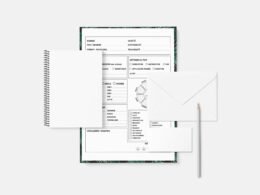 Ein aufgeschlagenes Notizbuch mit einem Kugelschreiber und Papier obenauf, arrangiert auf einem hellen Untergrund