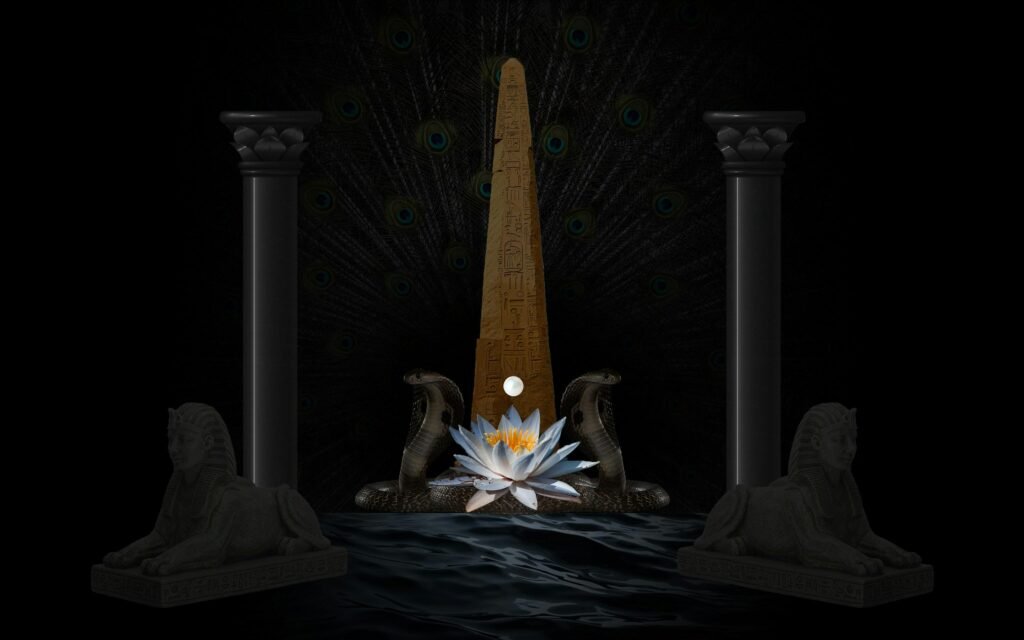 Ein hoher Obelisk, eingerahmt von steinernen Sphinxfiguren und dekorativen Säulen, steht im Mittelpunkt des Bildes.