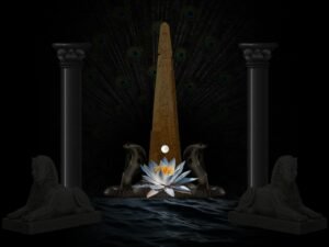 Ein hoher Obelisk, eingerahmt von steinernen Sphinxfiguren und dekorativen Säulen, steht im Mittelpunkt des Bildes.