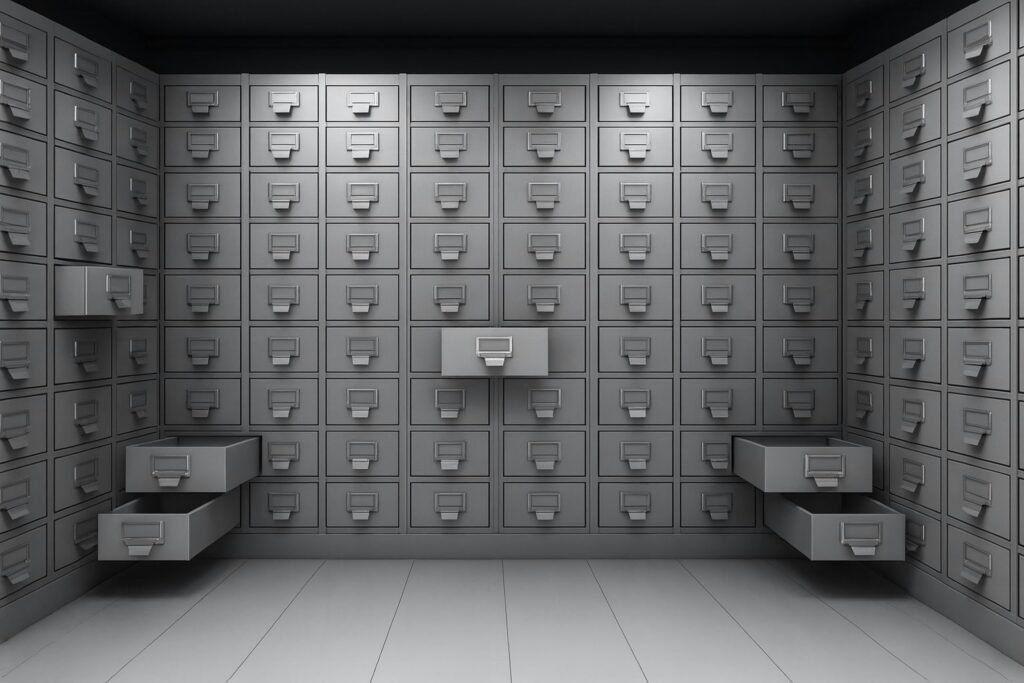 Ein Raum mit mehreren Reihen von Aktenschränken zur Aufbewahrung und Verwaltung umfangreicher Dokumente.