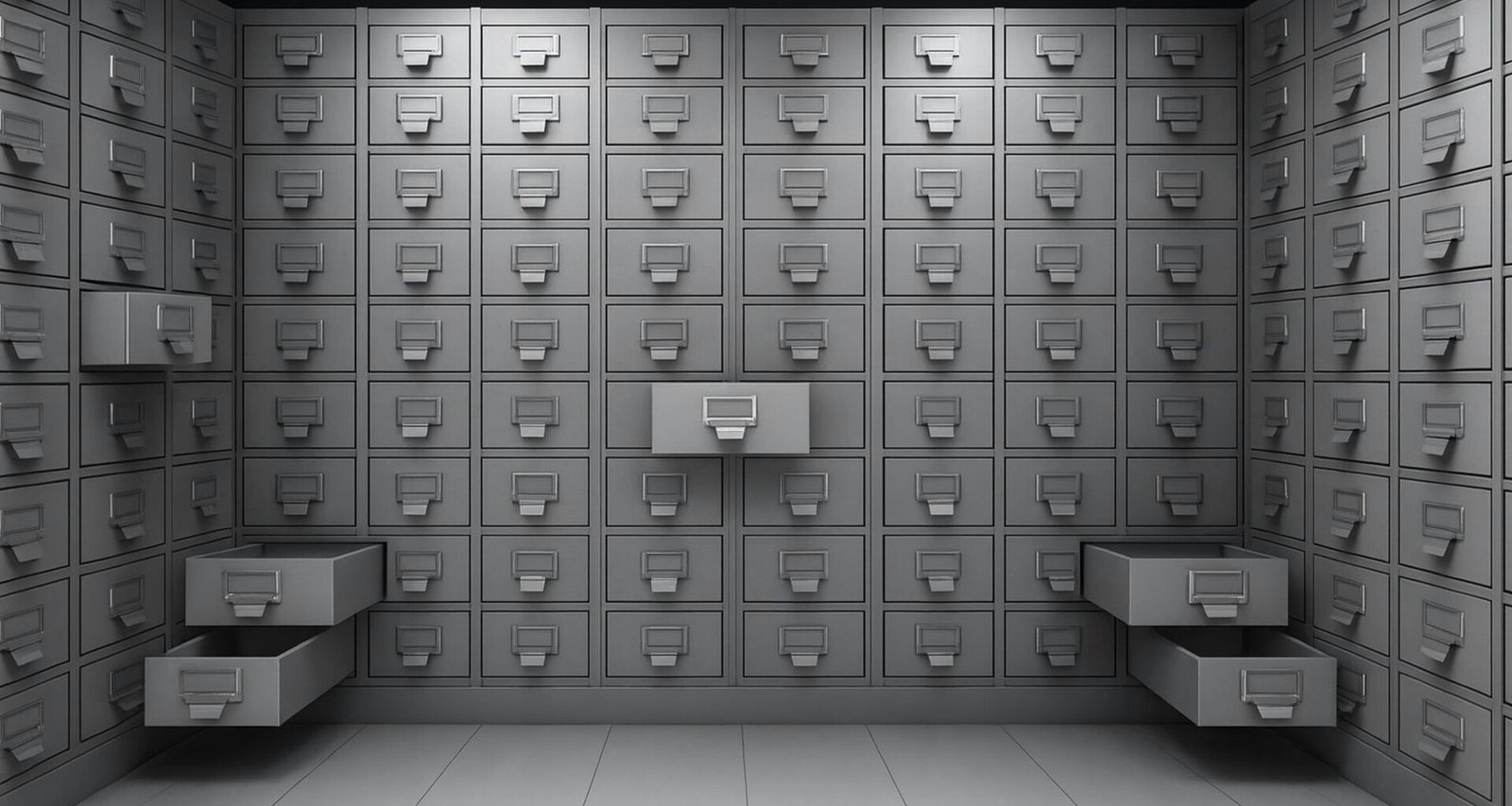 Ein Raum mit mehreren Reihen von Aktenschränken zur Aufbewahrung und Verwaltung umfangreicher Dokumente.