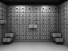 Ein Raum mit mehreren Reihen von Aktenschränken zur Aufbewahrung und Verwaltung umfangreicher Dokumente.