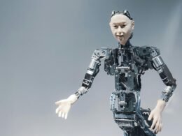 Ein Roboter schwebt frei in der Luft, futuristisches Design, Fokus auf technische Innovationen und Robotik