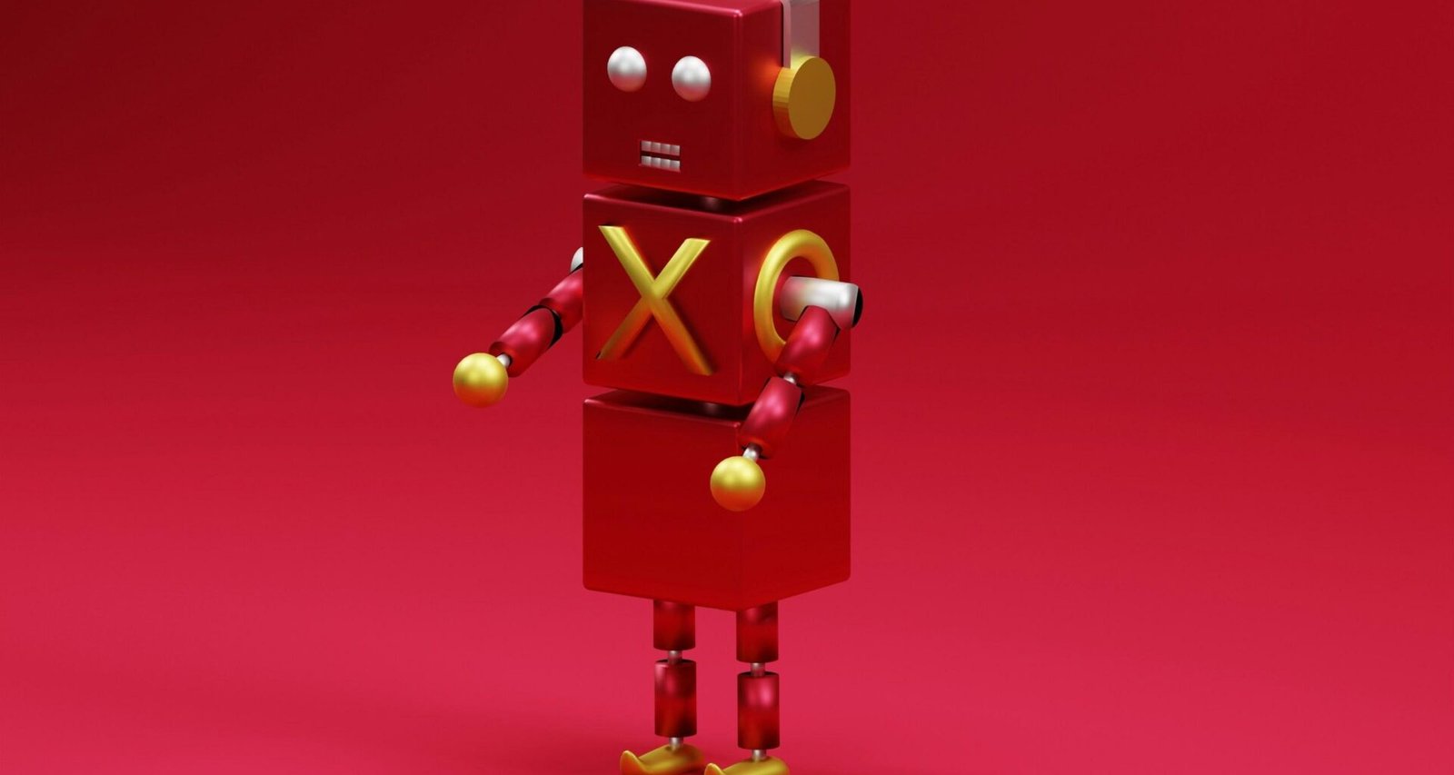 Ein roter Roboter steht frontal auf einem einfarbig pinken Hintergrund. Klare Linien und leuchtende Farben dominieren das Bild.