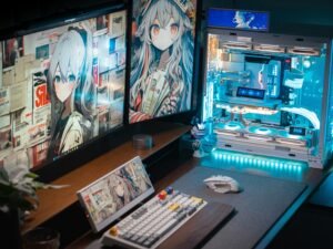 Ein Schreibtisch mit Computer und mehreren ausgebreiteten Bildern, ideal für kreative Arbeit oder digitale Projekte.