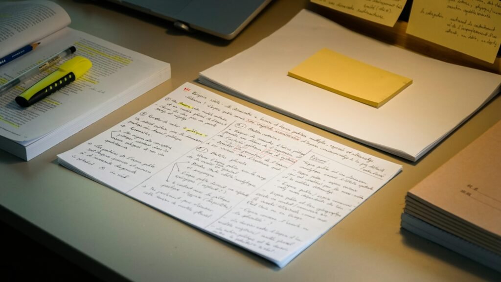 Schreibtisch mit verstreuten Papieren, mehreren Stiften und einem gelben Textmarker in Arbeitsumgebung