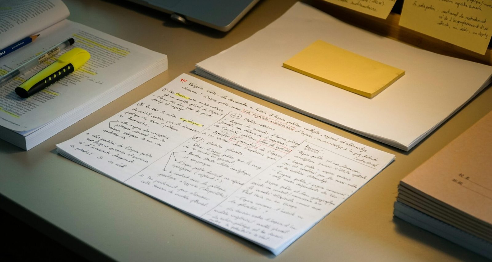 Ein Schreibtisch mit verstreuten Papieren, Kugelschreibern und einem gelb-grünen Textmarker zur Arbeitsorganisation