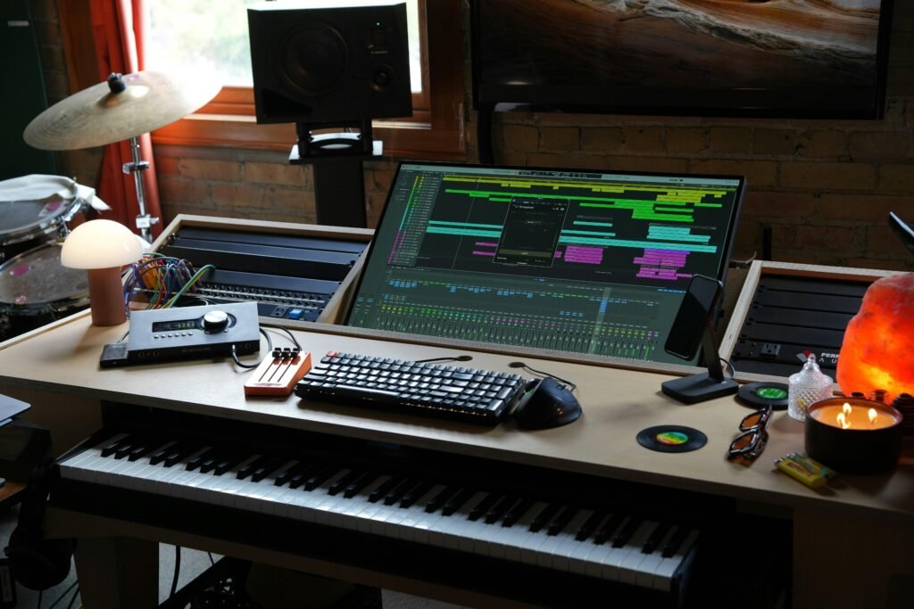 Schreibtisch mit Computer-Monitor und Tastatur, ideal für produktives Arbeiten im Bereich Online-Marketing und Technologie