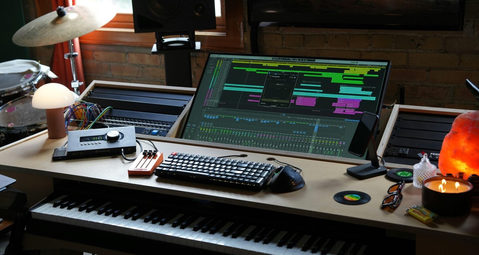 Schreibtisch mit Computer-Monitor und Tastatur, ideal für produktives Arbeiten im Bereich Online-Marketing und Technologie