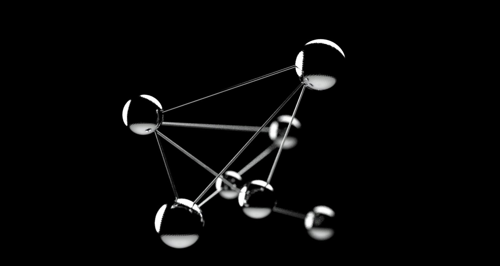 Schwarz-weiß Fotografie eines komplexen Netzwerks aus verbundenen Sphären, geeignet für Artikel über Technologie und Netzwerke