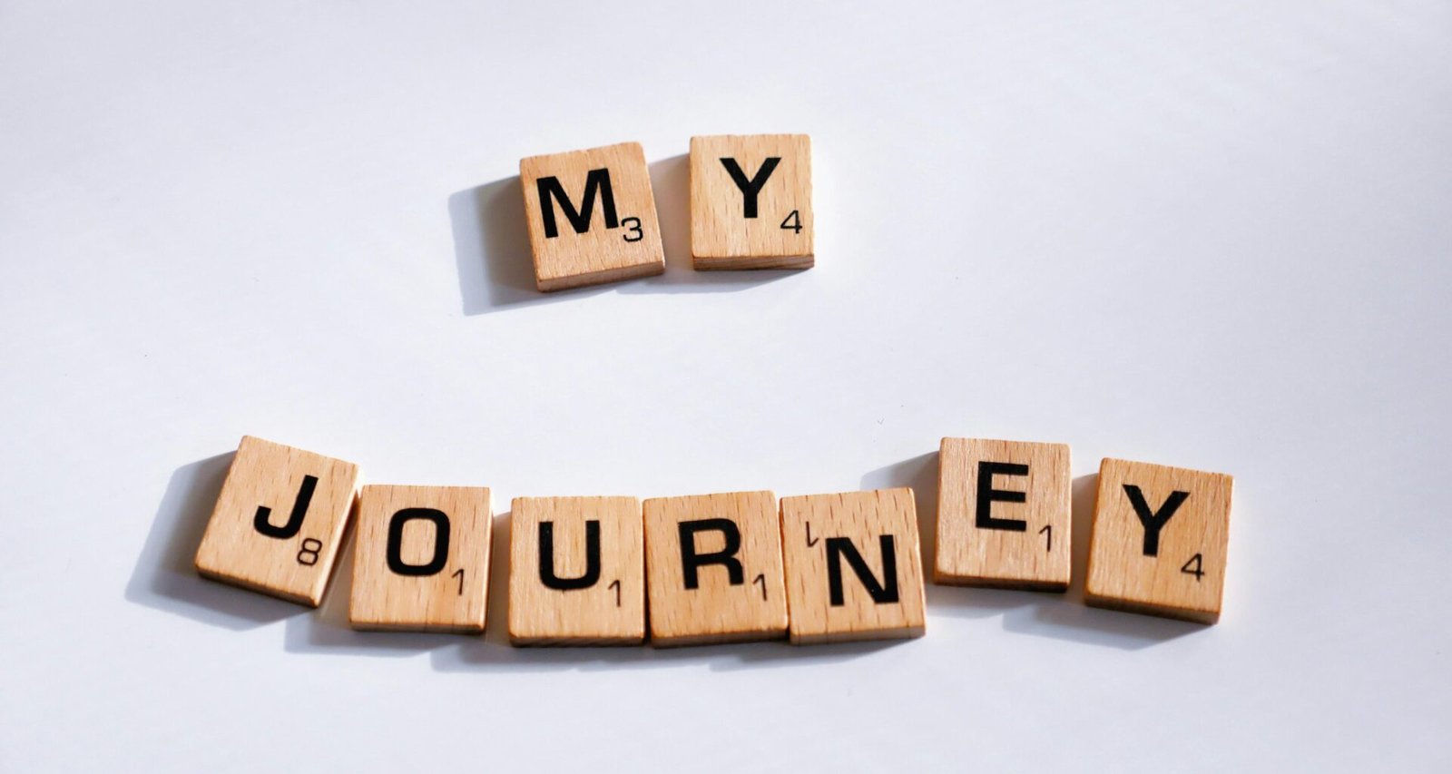 Nahaufnahme von Scrabble-Buchstaben, die die Worte 'My Journey' auf einem Spielbrett zusammensetzen.