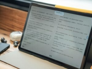 Ein zeitgemäßes Tablet mit eingeschaltetem Display auf hellem Untergrund, Fokus auf moderner Bildschirmtechnologie