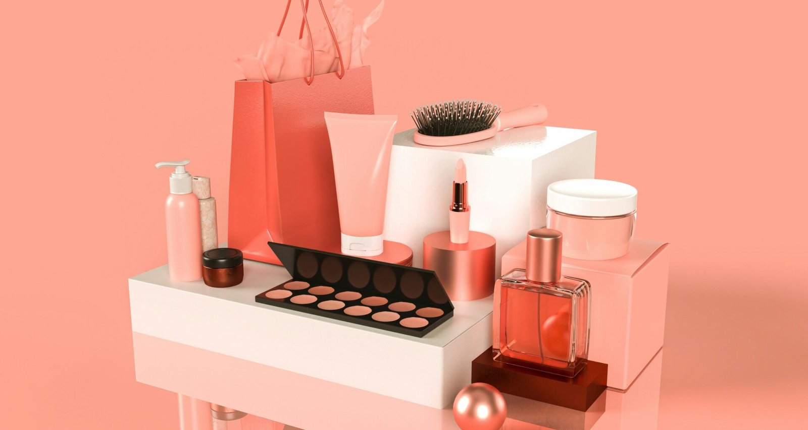 Ein Holztisch mit einer Vielzahl an Kosmetikprodukten, wie Cremes, Make-up und Fläschchen, ausgebreitet