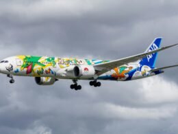 Kommerzielles Flugzeug mit farbenfrohen Cartoon-Figuren bemalt, seitlich am Flughafen stehend